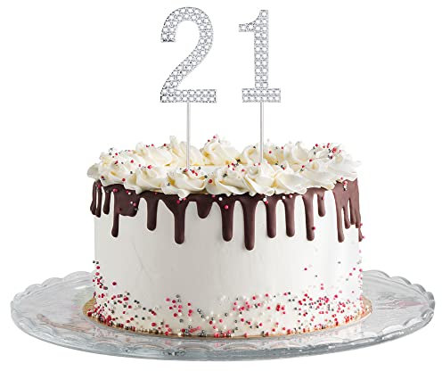 Gyufise Happy 21st Birthday Cake Topper - Silver Metal Sparkly Rhinestone Decoration for Birthday Party Cake Supplies