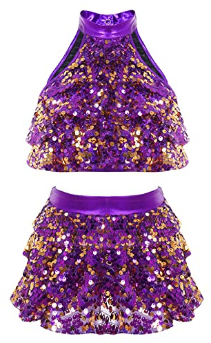 ranrann Enfant Fille Ensemble Danse Moderne Jazz Tenue Patinage Artistique Paillette Haut Gymnastique Jupe Gym Brillant Costume 3-16 Ans