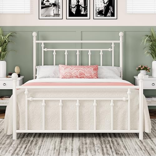 Allewie 14'' Full Size Metal Platform Bed Frame, Vintage Headboard, White
