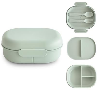 mushie Kids Bento Lunch Box | 3-Compartment & Removable Divider + Fork & Spoon Utensils | Great For Meals, School, Snacks On-the-Go | Dishwasher Safe (Sage)