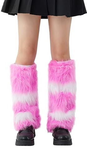 Achlibe Frauen Faux Pelz Beinlinge Y2k Pelzig Gestrickte Wolle Warme Stiefel Abdeckungen Winter Lange Stiefel Manschetten Fairycore Kleidung, B-Pink Weiß, One size