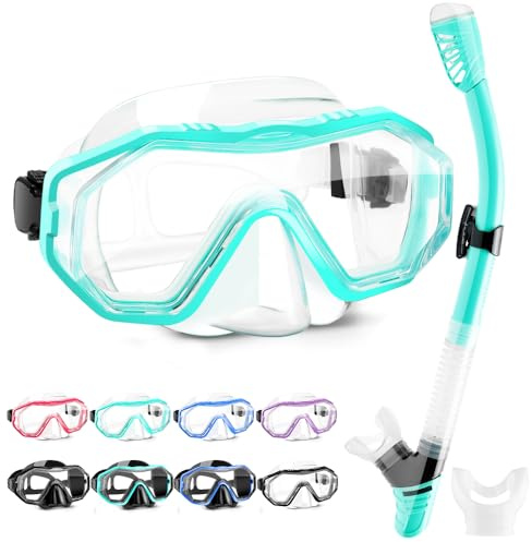 HINATAA Gafas de Buceo, 180° Antivaho Gafas de Snorkel y Antifugas Tubo de Esnórquel de Silicona, Anti UV Máscara de Buceo, Respiración Fácil Set de Snorkel para Adulto y Adolescentes (Verde)