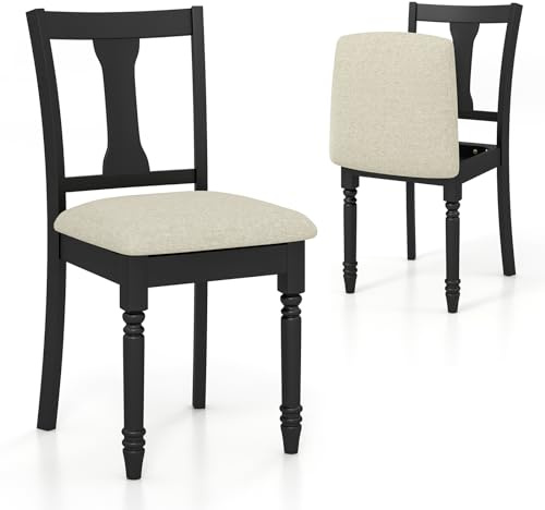 TANGZON Dining Chairs Set of 2, Linen Fabric Kitchen Chairs with Acacia Wood Legs, Padded Cushion & Hidden Seat Storage, Upholstered Accent Chairs for Living Room, 160kg Load Capacity (Black+Beige)