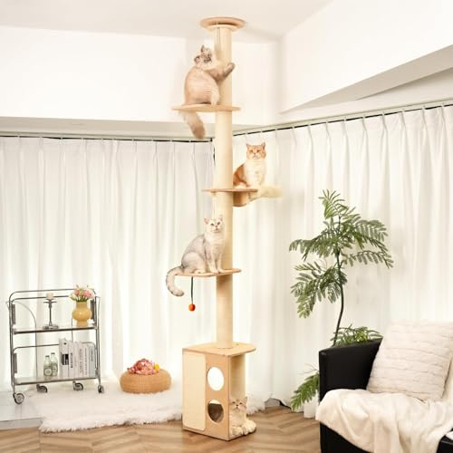 MEWOOFUN Rascador de techo para gatos, troncos gruesos ajustables desde el suelo hasta el techo, torre para gatos con hamaca y cueva para gatos, altura regulable (257-275 cm), color beige