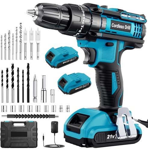 LEEIKOO Cordless Drill Driver 21V, Cordless Hammer Combi Set with 2 Batteries 2000mAh, 42N.m Max Electric Battery Drill, 25+3 Torque, LED Light, 2 Speed, 14PCS for Home and Garden DIY Project