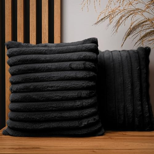 MG Design 2er Set Kissenbezüge 40 x 40 cm in Dunkelgrau – mit Reißverschluss, langflorige Fell-Haptik, weich & Cosy, pflegeleicht