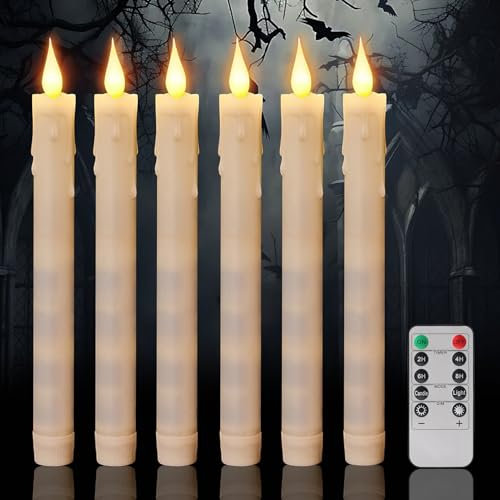 Skeadex 6 Stück Gothic Halloween LED Kerzen, LED Stabkerzen mit Fernbedienung, Flammenlose Flamme, Batteriebetriebene Tafelkerzen für Weihnachtsdeko und Halloween Deko (Schwarz)