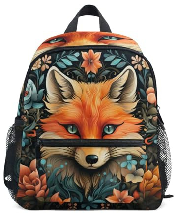 LINNIKEEEE Blumenmuster Tier Fuchs Kleinkind-Rucksack,Büchertasche,Mini-Umhängetasche für Reisen 1–6 Jahre Kinder