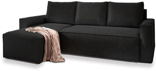 Masseno Ecksofa POTARO mit Schlaffunktion L-Form, Sofa mit Bettkasten, Wohnzimmersofa, Couch, Soffa, Bettsofa, Couchgarnitur- Schwarz, POSO 135