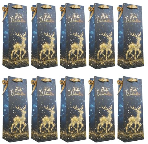 Idena 30497-10 - Geschenktüten Frohe Weihnachten, 10 Stück, Geschenktaschen in der Größe 12 x 36 x 9 cm, Papiertüten in Schwarz und Gold
