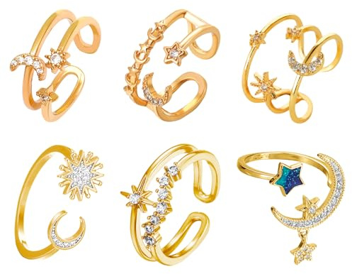 XSDSLS 6Pcs Ringe Gold Frauen, Knuckle Rings Set Sonne Mond Ringe Daumen Ring Fingerring Schmuck für Freundin Mädchen (Gold)