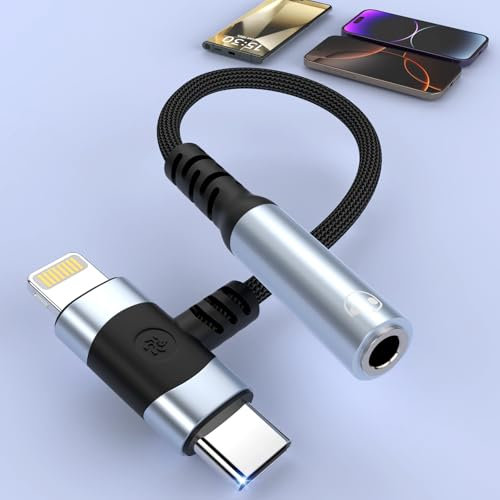 2-IN-1 USB C+Lightning auf 3,5 mm Klinke Adapter USB C Lightning Aux HiFi Kopfhörer Adapter Audio Adapter Klinke Aux C Adapter Kabel Kompatibel mit iPhone 17 16 15 14 13 12,Galaxy S25 S24 S23 S22