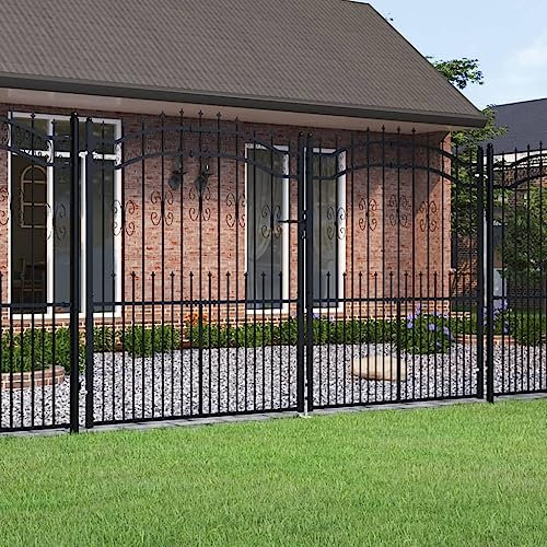 Brokky 151098 Fence Gate with Spear T O P Black 305x223 cm Powder-coated Steel Garden Gates High galvanised wrought iron metal swing gate