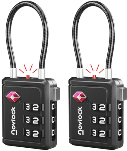 TSA Bagagelås med Alertindikator – Kombinationslås med Flexibelt Kabellås – För Resväskor, Kabinväska, Ryggsäckar, Bagage och Skåp – 2-pack svart