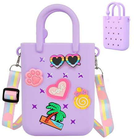 Oudizz Mini Borsa in Gomma, Borsa da Spiaggia Impermeabile in EVA per Bambine, Piccola con Foro in Silicone per Viaggi All'aperto, Simpatica in Gomma con 20 Charms & Tracolla Regolabile