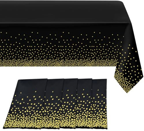 5 Stück Schwarz und Gold Party Tischdecke, Einweg Tischdecke, Premium Rechteckige Tischabdeckung, Schmutzabweisende Tischdecke, Wasserdicht Tischdecke für Party Hochzeit Geburtstag (137 * 274cm)
