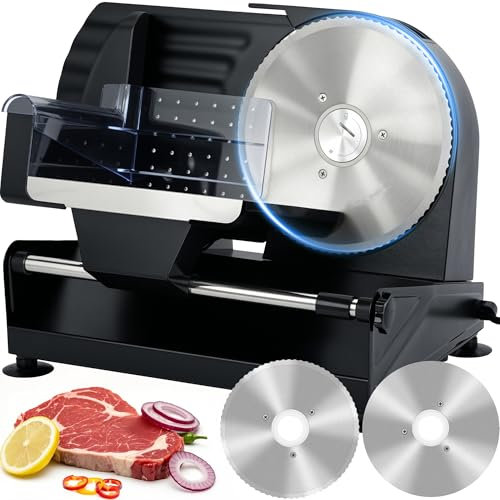 Electric Meat Slicer Machine for Home, 200W Bread Slicer with 2x19cm Stainless Steel Blades, 0-20mm Adjustable Thickness, Non-Slip Slicers for Meat, Cheese, Bread, Deli