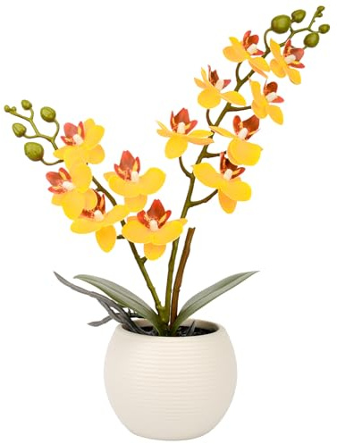 Joyerace Artificial Orchid Yellow Flower Potted in White Pot, Real Touch Faux Phalaenopsis Orchid for Wedding Home Office Party Decor