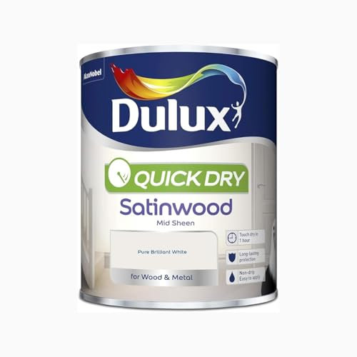 HOCHSTE® Dulux Quick Dry Satinwood Paint, Pure Brilliant White, Water-Based Interior Paint for Wood & Metal, Low Odour, Non-Yellowing, Wipeable Mid Sheen Finish, Skirting, Doors, Trim, White, 750ml