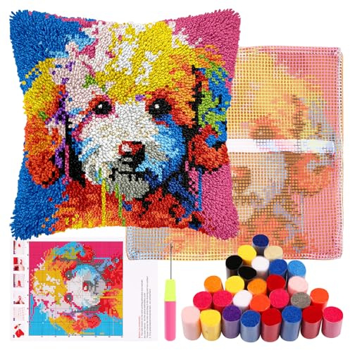 Juego de cojines con ganchos de nudos, juego de cojines para niños o principiantes adultos, DIY, cierre de ganchos, funda de almohada, juego de bordado, alfombra de anudado, paquete de anudados para