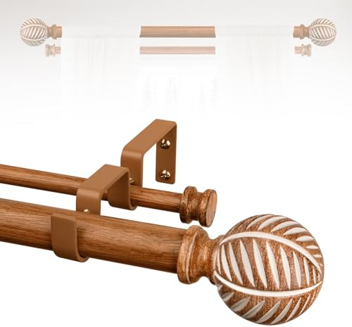Boho Wooden Curtain Rods for Windows 36 to 88:TANGWIN 1 Heavy Duty Double Curtain Rod with Imitation Wood Grain Finials Farmhouse Decorative Wood Curtain Rod Dual Adjustable for Living Room Bedroom