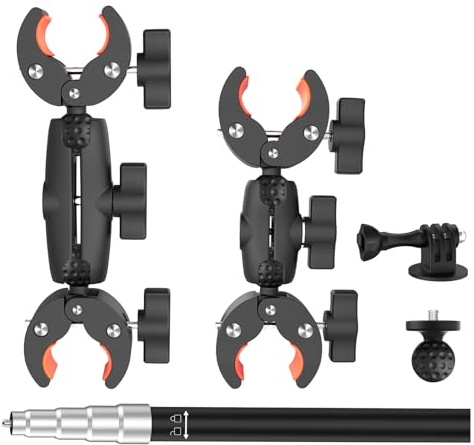 UNSTINCER Action Kamera Halterung für Gopro Insta360 DJI, mit Selfie Stick | Motorrad Fahrrad Bike Motorcycle Rennrad ATV MTB Lenker Camera Klemme Mount, Doppelklemme Third Person Halter, Double Clamp