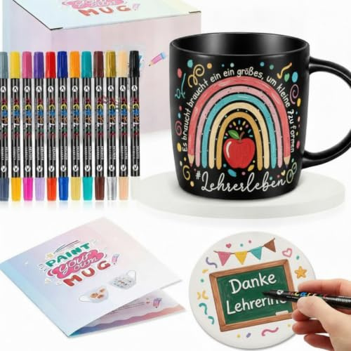 Sinmoe Paint Your Own Mug Set DIY Pottery Painting Kit with Blank Ceramic Sublimation Mugs 12 Marker Pens and Coaster Valentine's Day Wedding Anniversary Xmas Gift Paintable Mug Gift(Elegant)