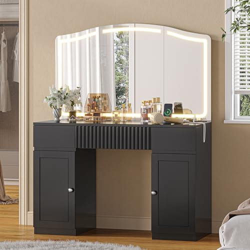 Großer Schminktisch mit Großem Spiegel und Verstellbarer LED-Beleuchtung Schminktisch mit Steckdosen Kosmetiktisch mit 3 Schubladen und 2 Schränken Modern Frisiertisch für Schlafzimmer(Schwarz)
