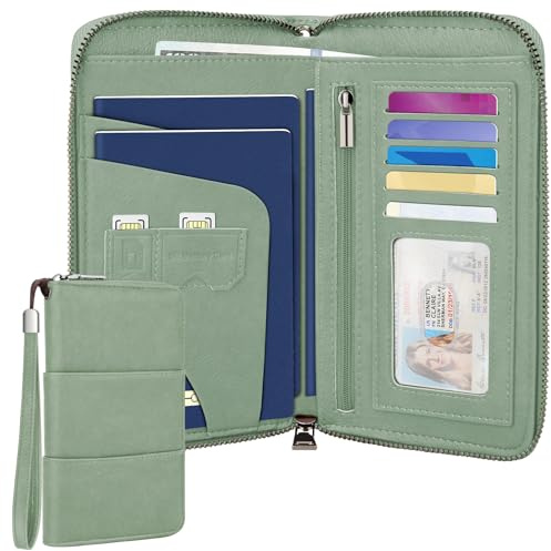 Faneam Reisepass Tasche Familie, Reiseorganizer für Dokumente mit RFID Schutz, Reiseorganizer aus PU-Leder, Tragbare Reisepasshülle Ausweistasche für Pässe, Karten, Bargeld (Hellgrün)