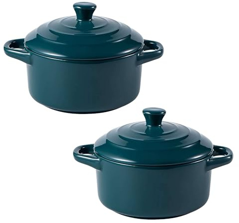 Mini Ceramic Casserole Pots Set of 2, Oven-Safe Soup Pots with Lids, Ideal for Soups, Stews, and Side Dishes (Green)