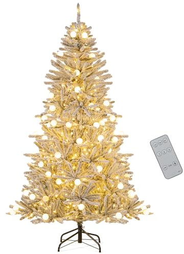 COSTWAY 180 cm Künstlicher Weihnachtsbaum mit Beleuchtung und Schnee, Tannenbaum mit 250 warmweißen LED-Lichtern, 51 Kugellampen, Fernbedienung & Timer, Christbaum, Kunstbaum Weihnachten für Zuhause