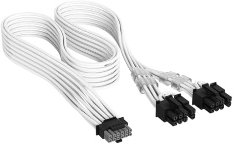 Corsair Câble PCIe à Gaines Individuelles 12 V-2x6 à 2x 8 Broches (Séparation 6+2) Elite Premium – 650 mm, Peignes à Câble Profil Bas, Paracord à Maille Triple Couche, Connecteur Bicolore – Blanc