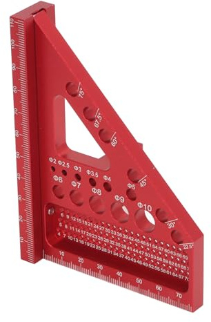 Chrees Winkelmesser für die Holzbearbeitung, Feine CNC-Bearbeitung, 0,1 Mm Genauigkeit, Dreieckiges Gehrungslineal aus Aluminiumlegierung mit 1/16-Zoll-Lochdesign für Winkelmarkierung (Rot)