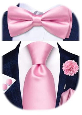 Hi-Tie 5Pcs Mens Solid Light Pink Color Silk Tie Pretied Bowtie Lapel Pin for Men Handkerchief Cufflink Wedding Gift Box
