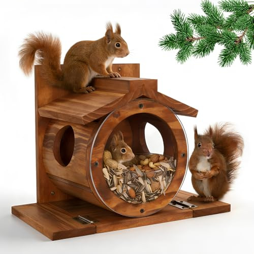 NAVESO Eichhörnchen Futterhaus, Eichhörnchen Haus Wetterfest,Eichhörnchenhaus aus Holz mit Runden Transparentes Fenster,Eichhörnche-n Futterstation für Hinterhof AußErhalb Garten