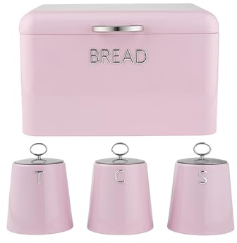 Salter Retro Pink Bread Bin & Canister Set – 4-Piece Countertop Set, Dried Goods, Tea, Coffee & Sugar Canisters, Dry Food Storage Containers, Pastries, Rolls, Bagels, Durable Steel, Embossed Lettering | Steel Construction, Embossed Tea Coffee Sugar Labels, Countertop Dry Goods Storage, Bread Bin With 3 Canisters