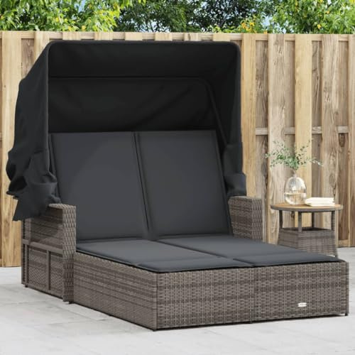 Versear Polyrattan Doppelliege Doppel Sonnenliege mit Dach und Auflagen Garten Sonnenliege für 2 Personen Outdoor Liege - Rückenlehne verstellbar -Grau-