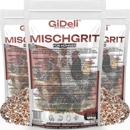 GiDeli Sabbia mista per polli, 3 x 5 kg, calcio di semi di conchiglia e gusci di ostrica per gusci d'uovo forti, farina di pietra con pietra focaia per la digestione, mangime naturale per galline