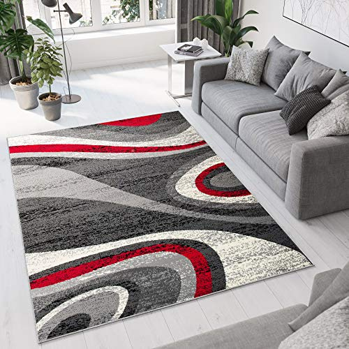 TAPISO Dream Teppich Wohnzimmer Kurzflor Modern Grau Rot Creme Wellen Streifen Meliert Verwischt Schlafzimmer Esszimmer ÖKOTEX 120 x 170 cm
