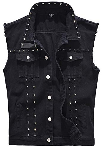 Hombre Remache Fresco Vaquero de Sin Manga Chaleco Denim Chaqueta de Mezclilla Slim Fit Jeans Vest Negro 2XL