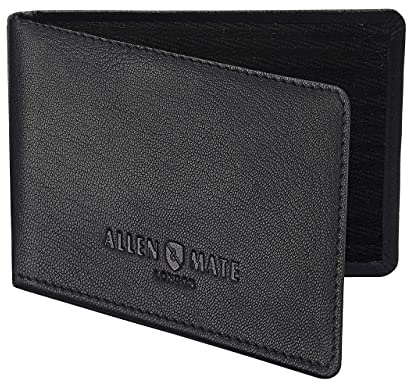 ALLEN & MATE 100% Leather Travel Card Holder - Slim Minimalist Wallet for Travel Bus Pass ID License Oyster Card for Men & Women (Black Premium)