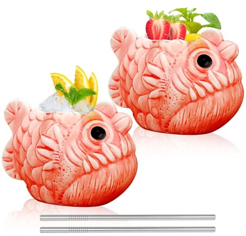 INFTYLE Tiki Tassen, Fisch-Cocktailbecher, 650 ml, Set mit 2 kreativen roten Tiki-Gläsern, Bar, große Keramik, hawaiianisches Thema, tropische Barware für Party, Barzubehör