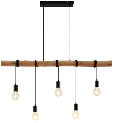 Lindby Esstisch Holz Pendelleuchte, Seillampe Hängelampe Metall Holzbalken Seil Esszimmer Lampe hängend Holzlampe 5x E27 max. 60W ohne Leuchtmittel