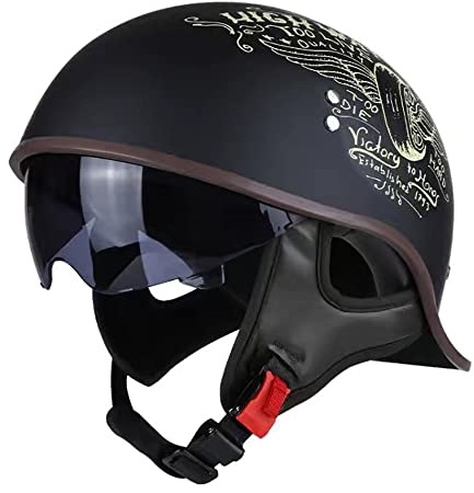 retrò Casco Moto Jet, Estivo Mezzo Casco con Vintage Visiera, ECE Omologato Mezzo Casco Leggero per Uomo Donna, per Cruiser Ciclo Moto Casco (57~62CM)