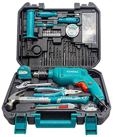 TOTAL THKTHP1152 - Juego de 115 herramientas, taladro de impacto de 680 W, portabrocas de llave de 13 mm, herramientas