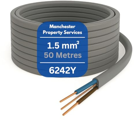 Twin and Earth Electric Cable 1.5mm / 2.5mm / 6mm 6242Y Flat Grey - Cut To Size (50 Metres, 1.5 mm Twin and Earth)
