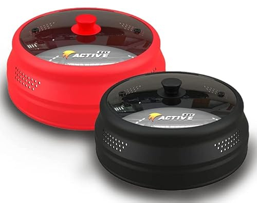 EZY ACTIVE Microwave Cover Bundle - Red and Black, Tempered Glass & Silicone, Magnetic, Fits 6-11 inch Plates & Bowls, 98 Steam Vents, Dishwasher Safe