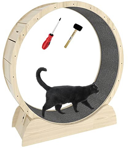 Katzenlaufrad zum Abnehmen, Katzenlaufband mit Montage, Indoor-Sicherheits-Hamsterrad/Katzenlaufrad aus Holz ohne Lücke, mit Sisal überzogene, mit Teppich ausgelegte Landebahn (Größe: M-90 c