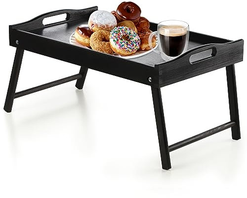KADAX Tavolino da letto, vassoio da colazione in legno di pino, 19 x 30 x 50 cm, vassoio pieghevole per colazione a letto, tavolino (nero)