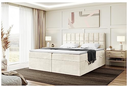 MEBLINI Boxspringbett mit Bettkasten - 180x220 - H3/Creme Samt - Lukas - Gepolstert Doppelbett mit Matratze und Topper - Polsterbett mit Stauraum - Bett mit Kopfteil - Stauraumbett